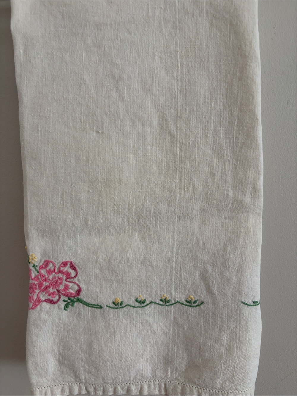 Embroidered Floral Linen Tablecloth - White with Pink & Purple Flowers